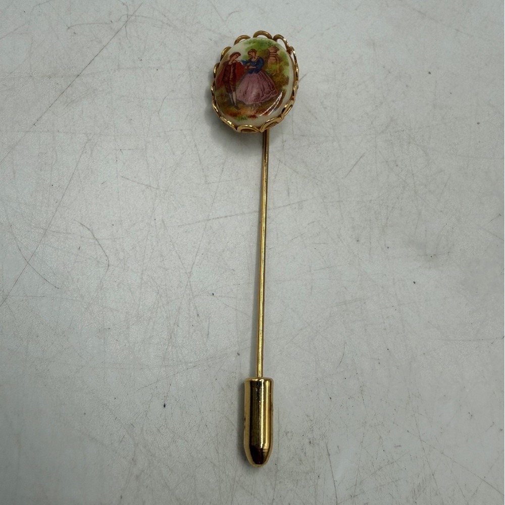 Vintage Fragonard Courting Couple Stick Pin Gold Tone Porcelain Portrait Brooch